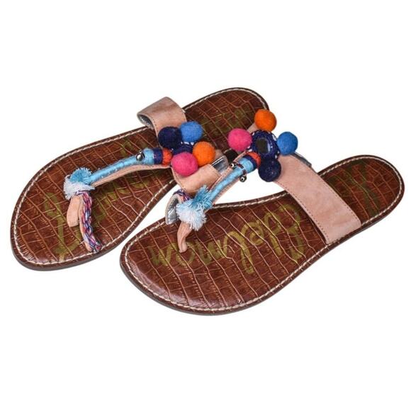 Sam Edelman Gemina Toe Strap Sandal Pompoms Slip On Boho Resort 9M - Picture 1 of 4